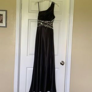 Black satin prom dress with beading. Size 3/4.